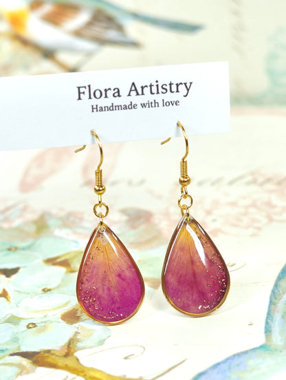 Gold Crecent Garden Rose Petal Teardrop Earrings