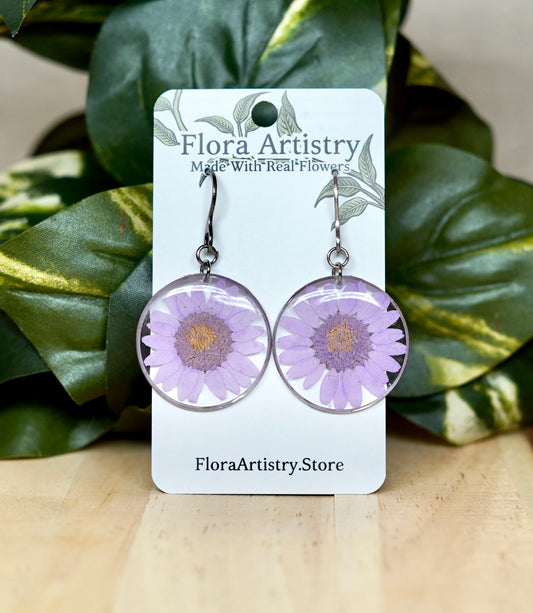 Large Pastel Purple Daisy Flower Dangle Earrings