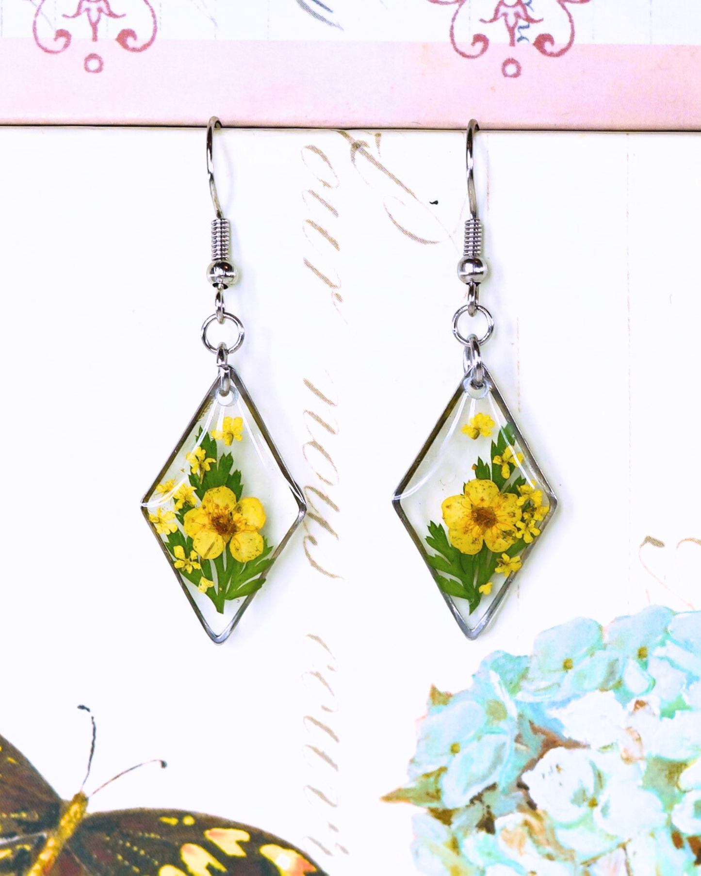 Yellow Flower Fern Diamond Dangle Earring