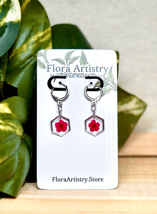 Red Pressed Flower Huggie Hoops Earring