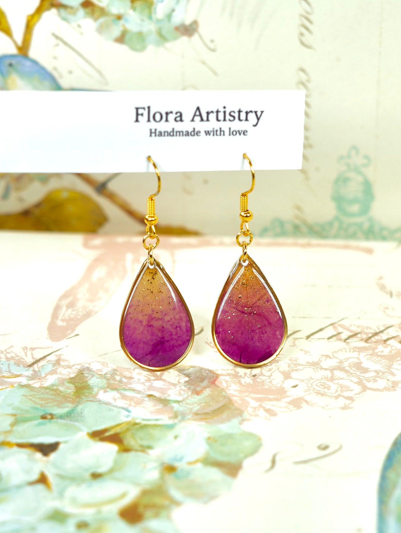 Gold Ombre Garden Rose Petal Teardrop Earrings