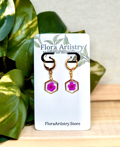 Hot Pink Pressed Flower Huggie Hoops Earring
