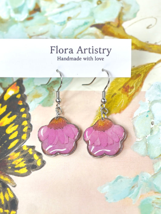 Pink Zennia Wildflower Heart Earrings