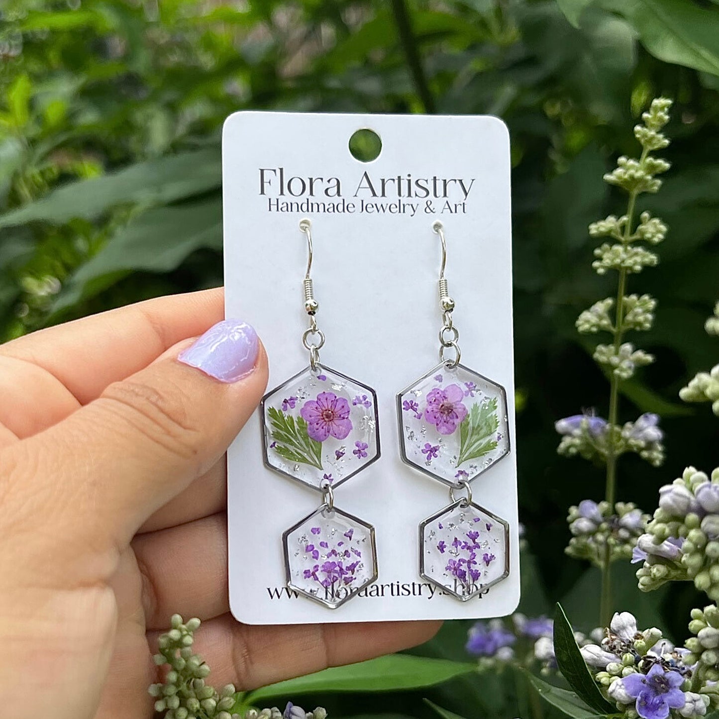 Purple Flower Hexagon Double Dangle Earring