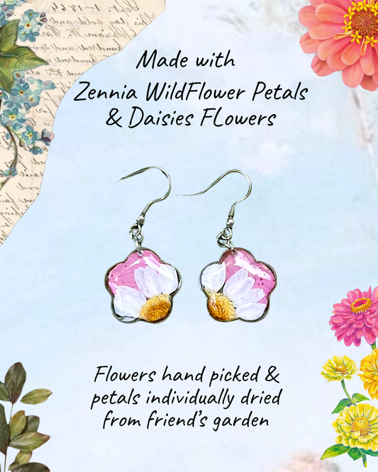 Pink Zennia Wildflower Flower Earrings