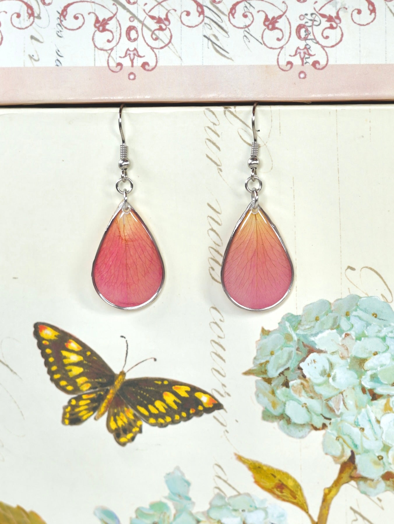 Pink Garden Rose Petal Teardrop Earrings