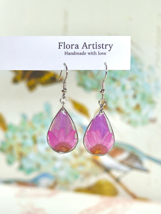 Pink Zennia Wildflower Teardrop Earrings