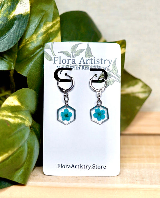 Blue Pressed Flower Huggie Hoops Earring