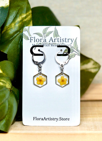 Yellow Pressed Flower Huggie Hoops Earring
