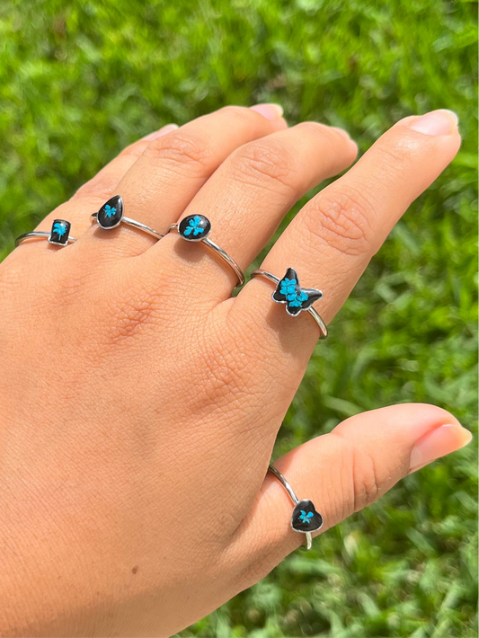 Blue Real Pressed Flower Dainty Rectangle Ring