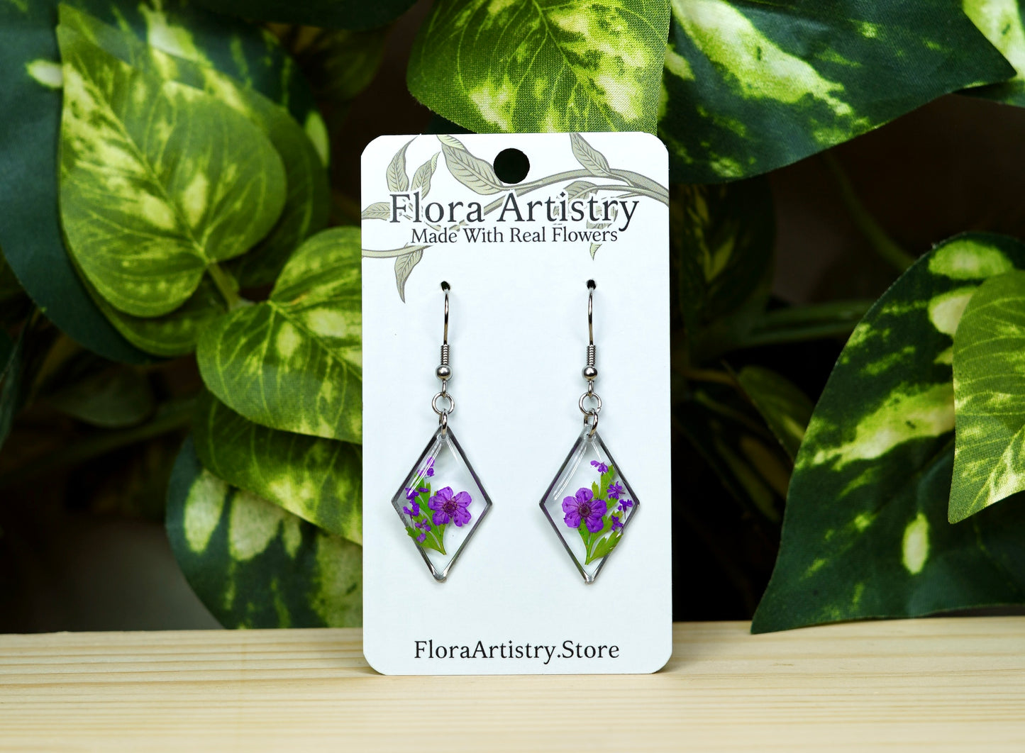 Purple Flower Botanical Diamond Dangle Earring