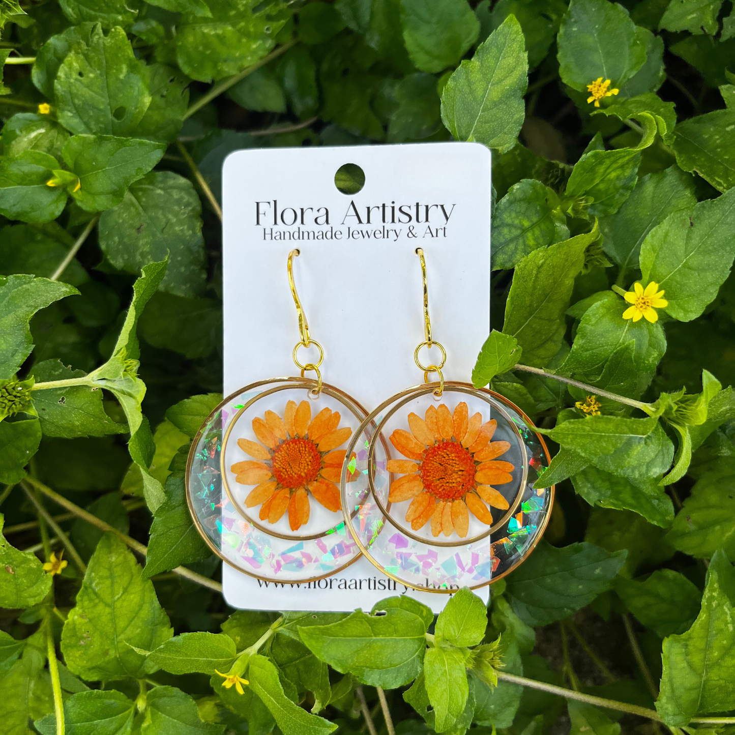 'Sunset Shimmer' Orange Daisy Flower Double Circle Dangle Earrings