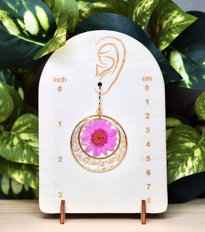 Bohemian Pink Daisy Flower Circle Dangle Earrings