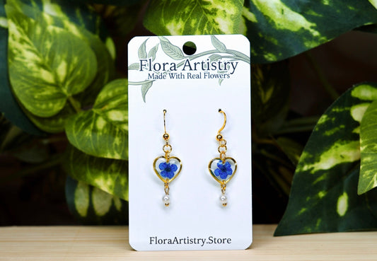 Blue Flower Mini "Sweet Heart" Gold Pearl Dangle Earring