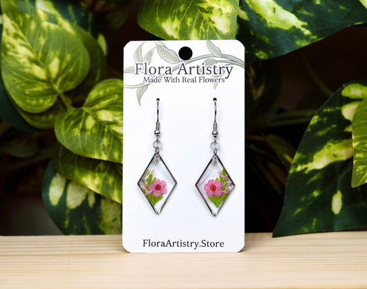 Pink Flower Botanical Diamond Dangle Earring