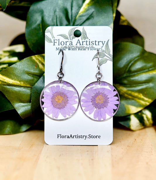 Pastel Purple Daisy Flower Dangle Circle Earrings