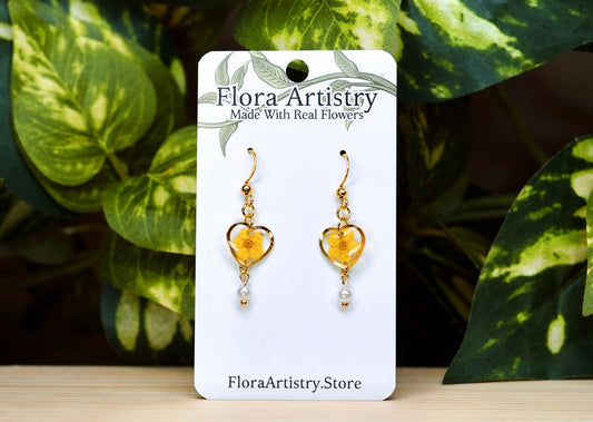 Yellow Flower Mini "Sweet Heart" Pearl Dangle Earring