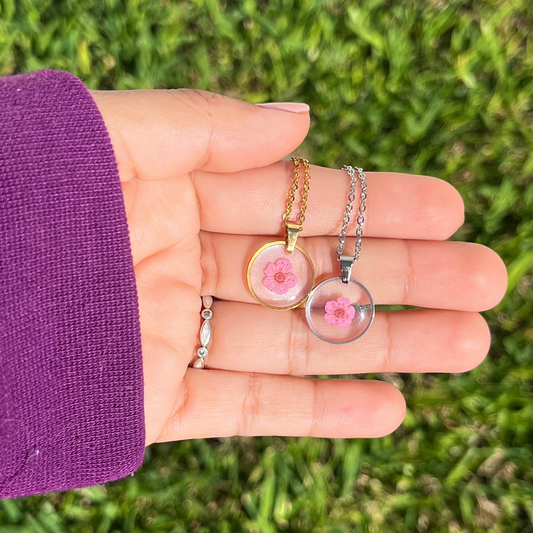 Dainty Single Pink Flower Circle Necklace