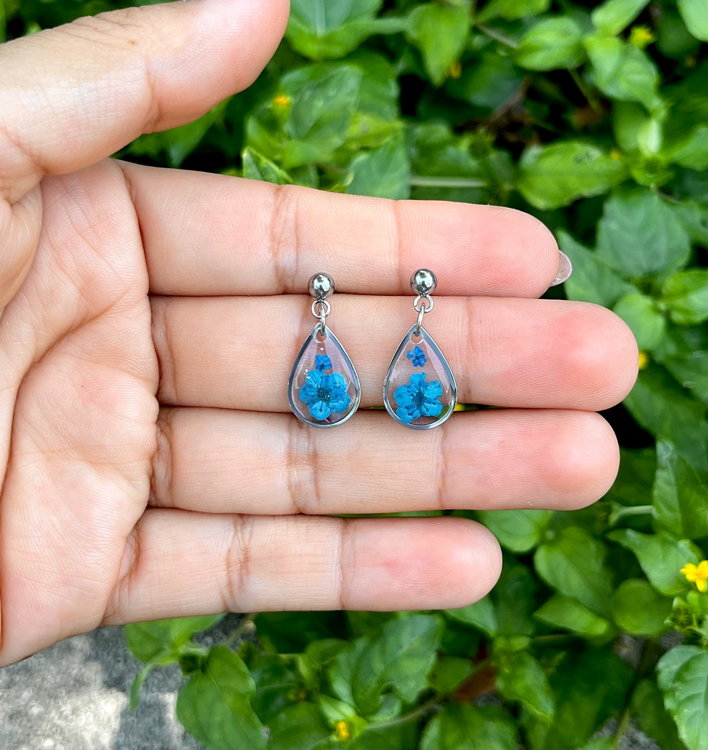 Teeny Teardrop Blue Flower Stud Earrings