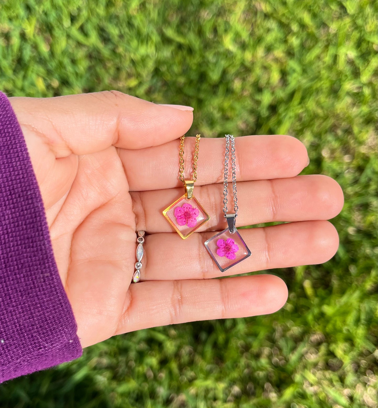 Dainty Single Hot Pink Flower Square Necklace