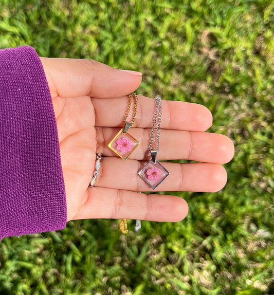 Dainty Single Pink Flower Square Necklace