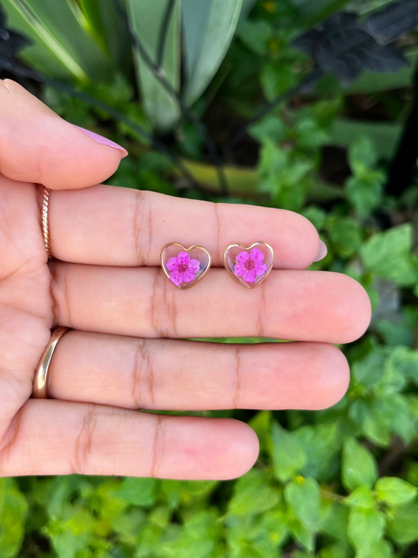 'Sweet Heart' Hot Pink Flower Gold Studs