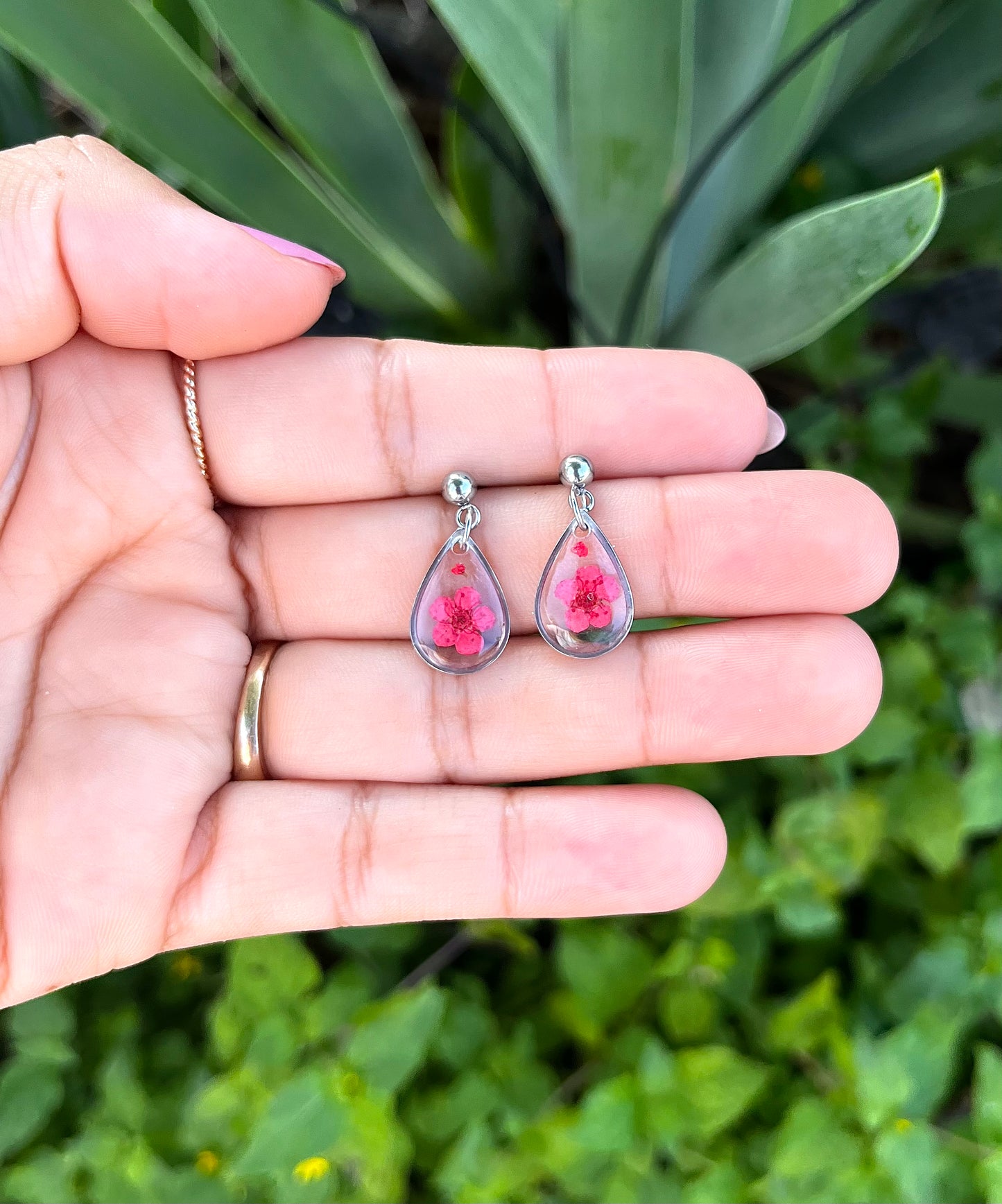 Teeny Teardrop Red Flower Stud Earrings