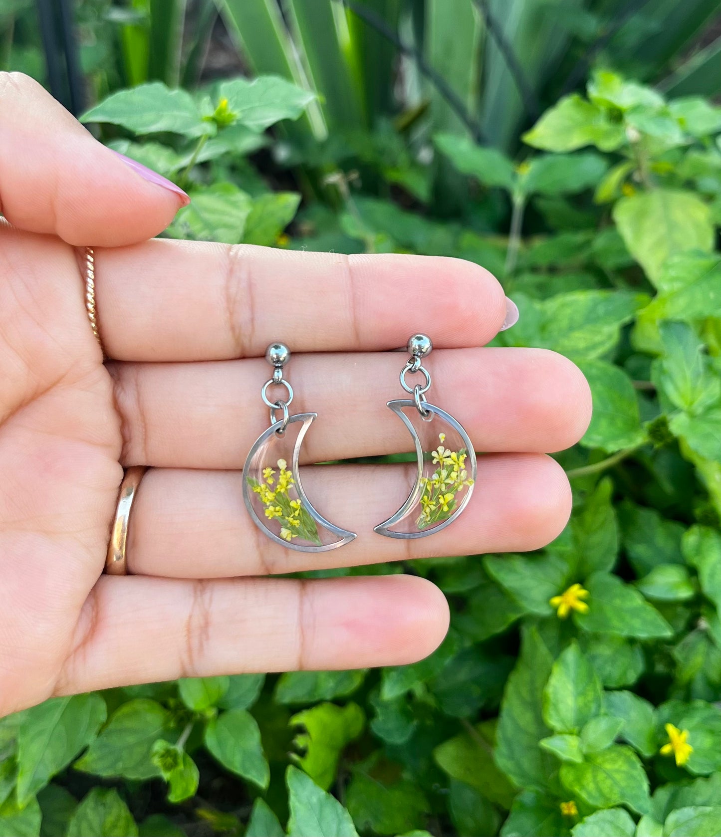 Yellow Botanical Flower Moon Stud Earring