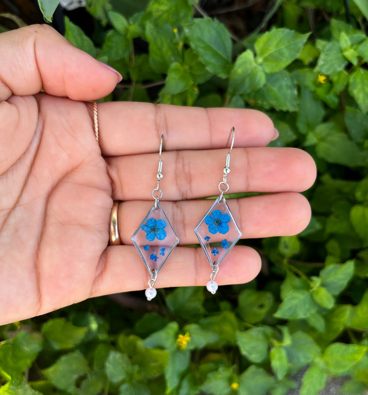 Blue Flower Diamond Dangle Pearl Earrings