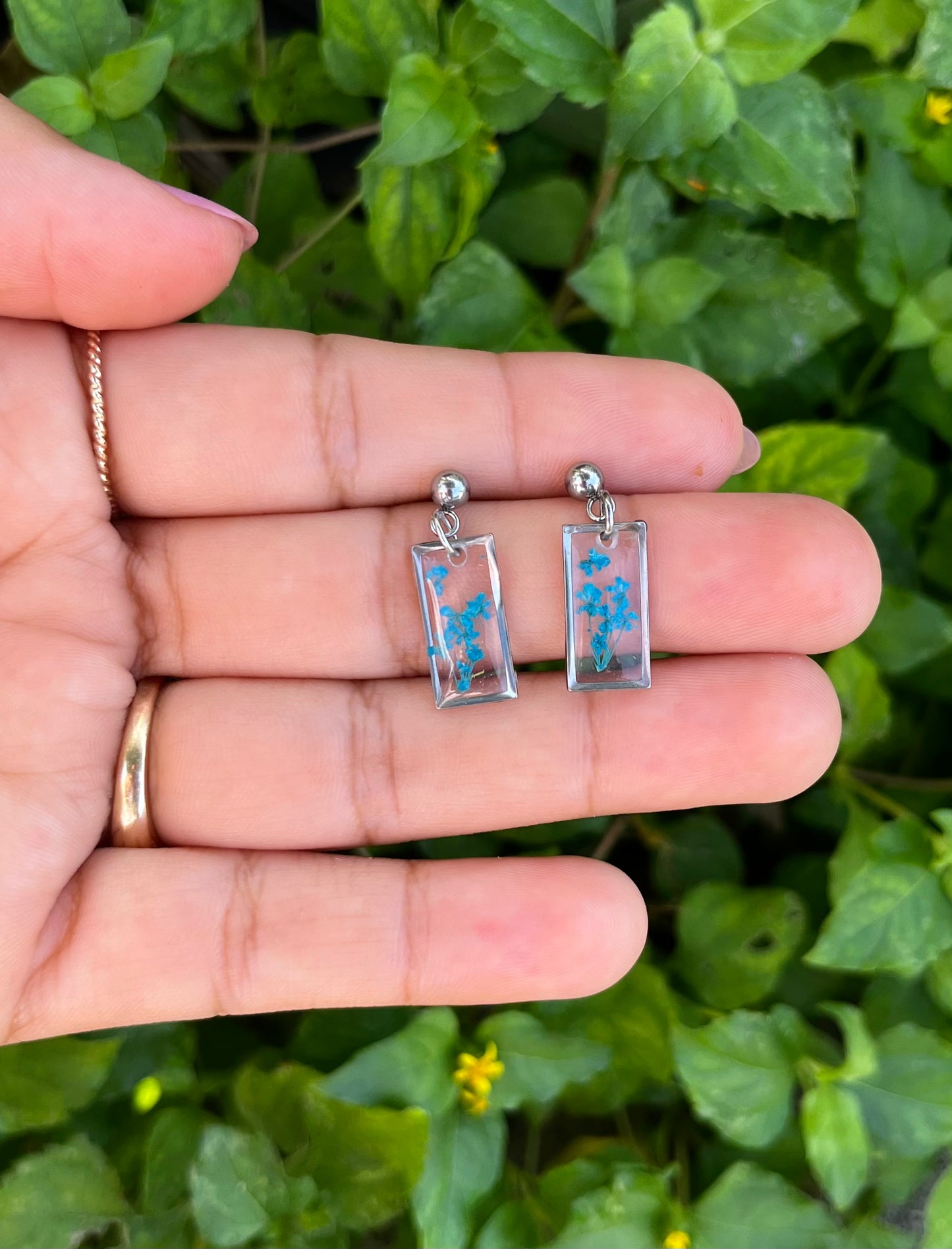 Blue Mini Flower Rectangle Stud Earring