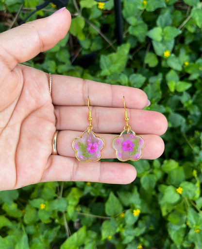 Pink Botanical Bloom Gold Dangle Earring