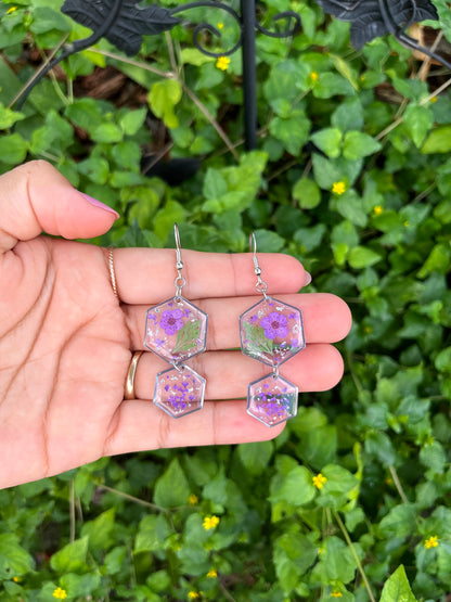 Purple Flower Hexagon Double Dangle Earring