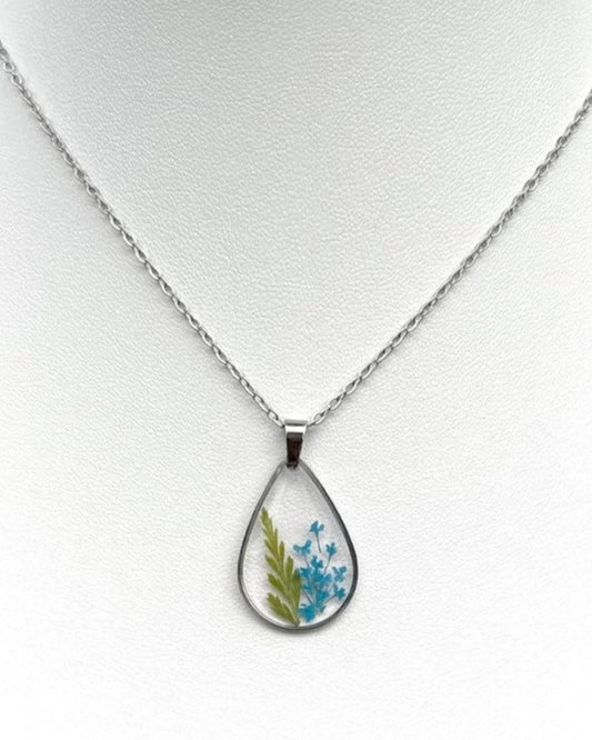 Blue Mini Botanical Flowers Teardrop Necklace