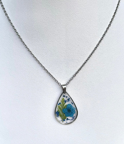Real Blue Botanical Flower Teardrop Necklace