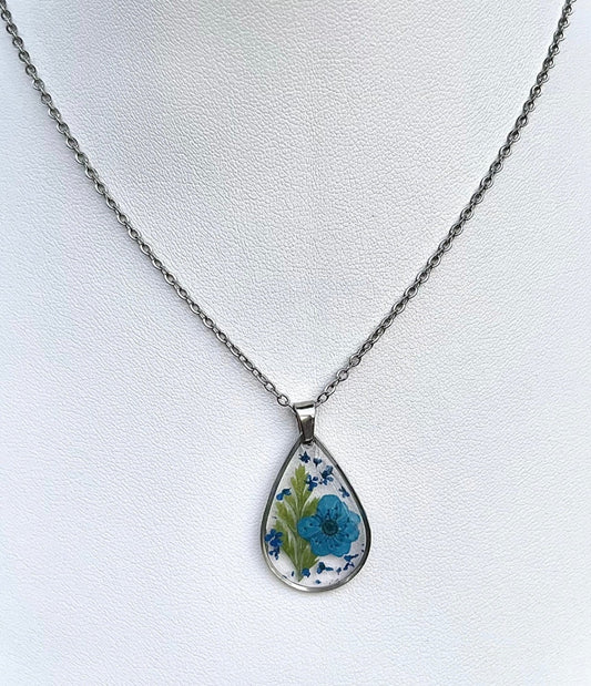 Real Blue Botanical Flower Teardrop Necklace