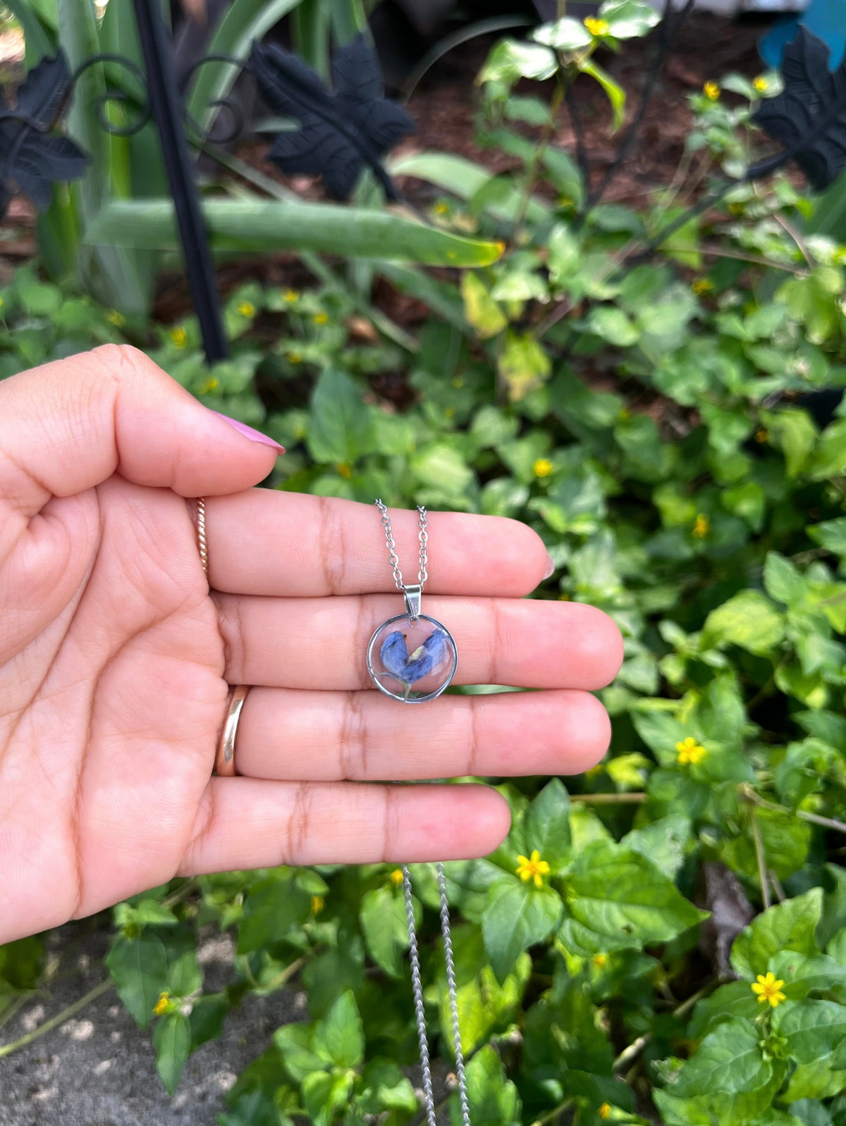 Blue Bonnet Flower Circle Necklace