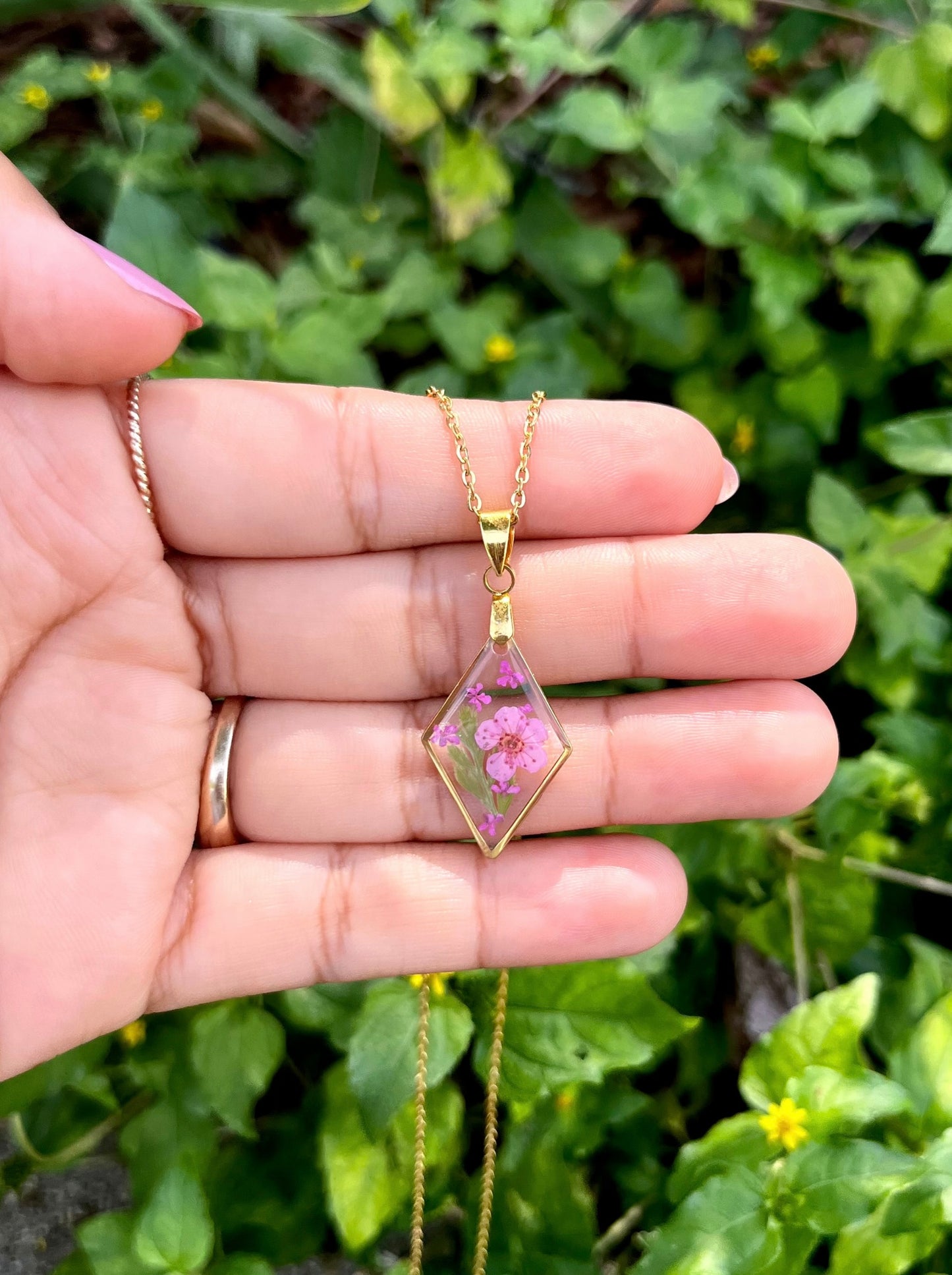 Pink Botanical Flower Diamond Gold Necklace