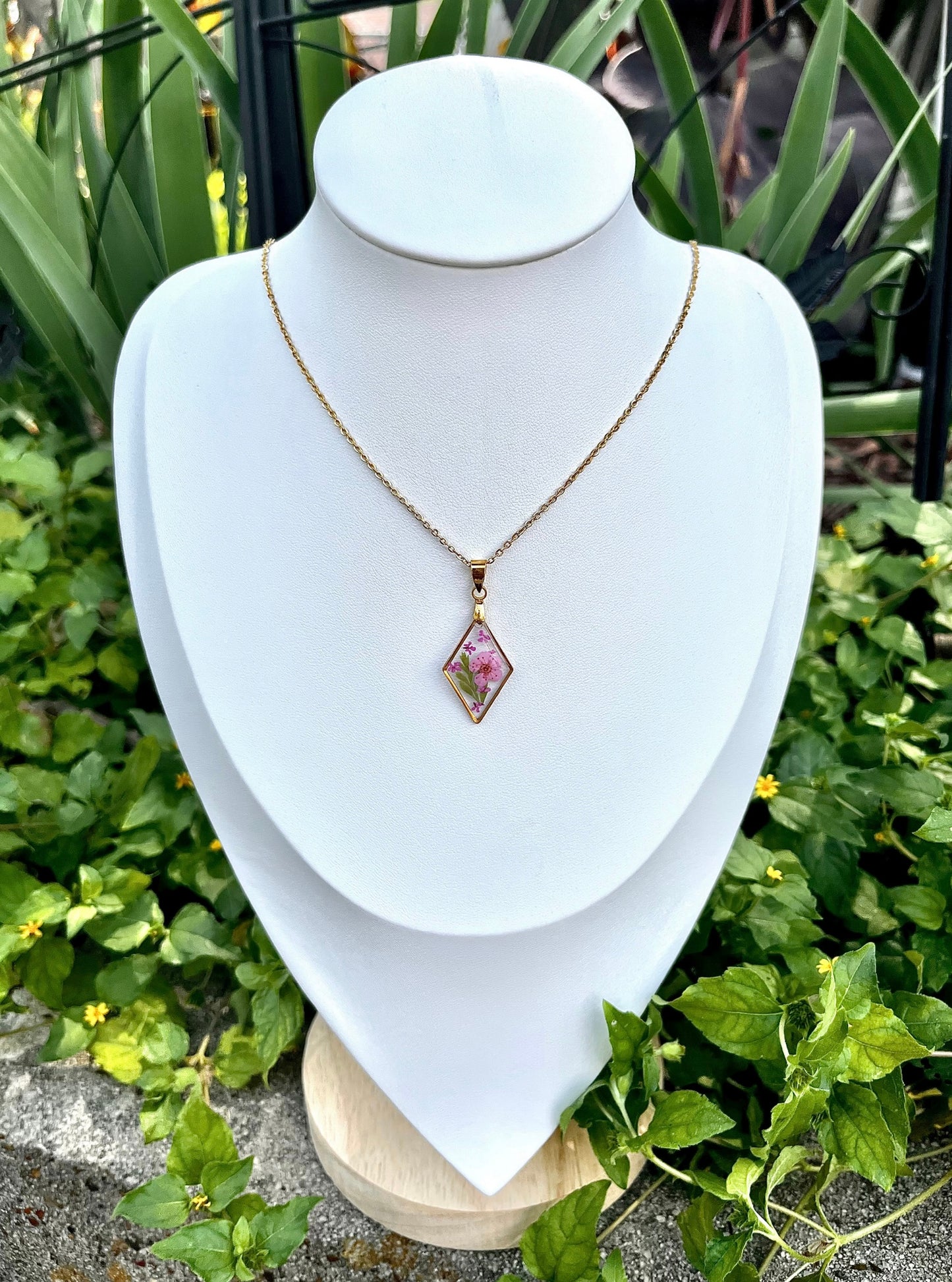 Pink Botanical Flower Diamond Gold Necklace