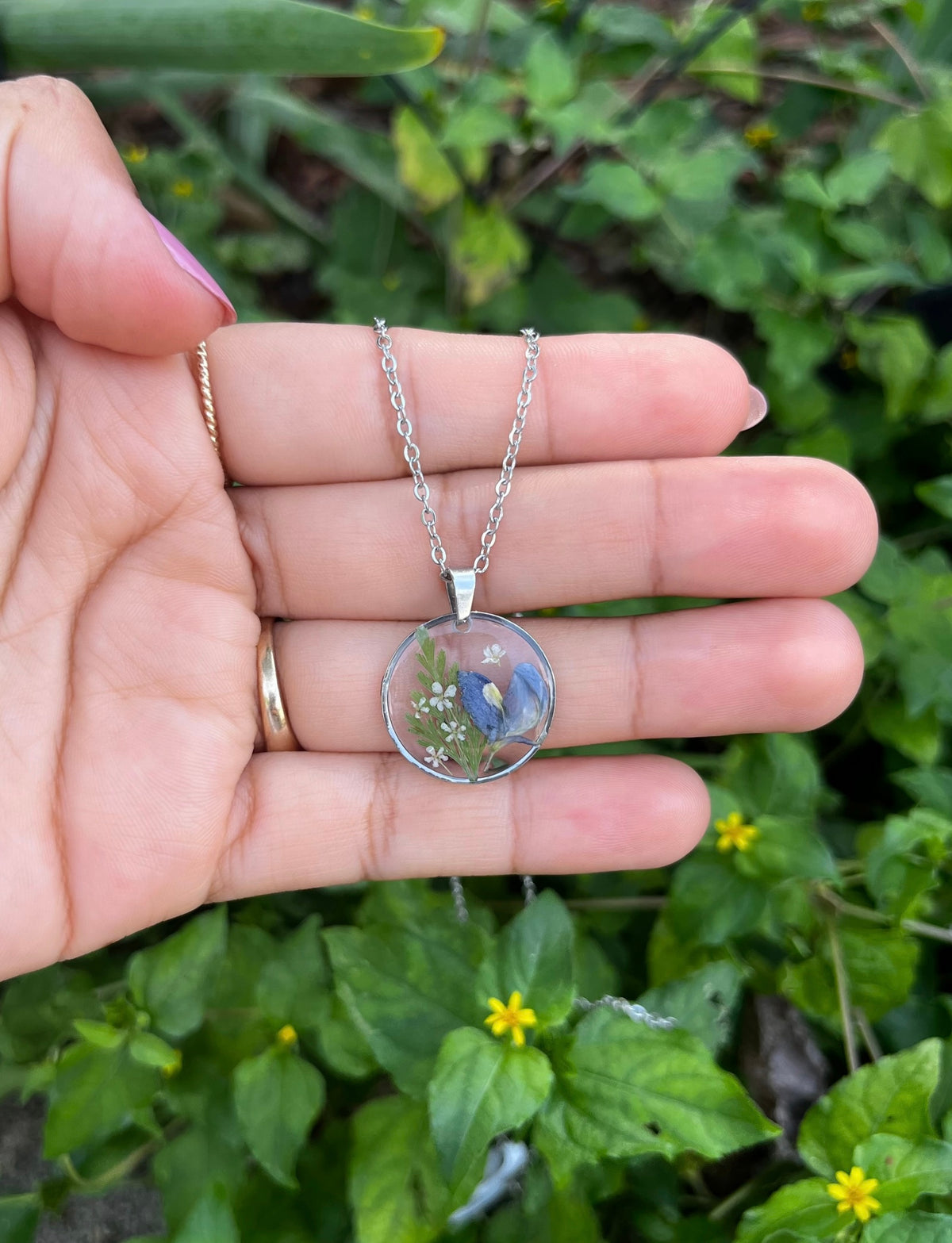 Blue Bonnet Botanical Flower Circle Necklace