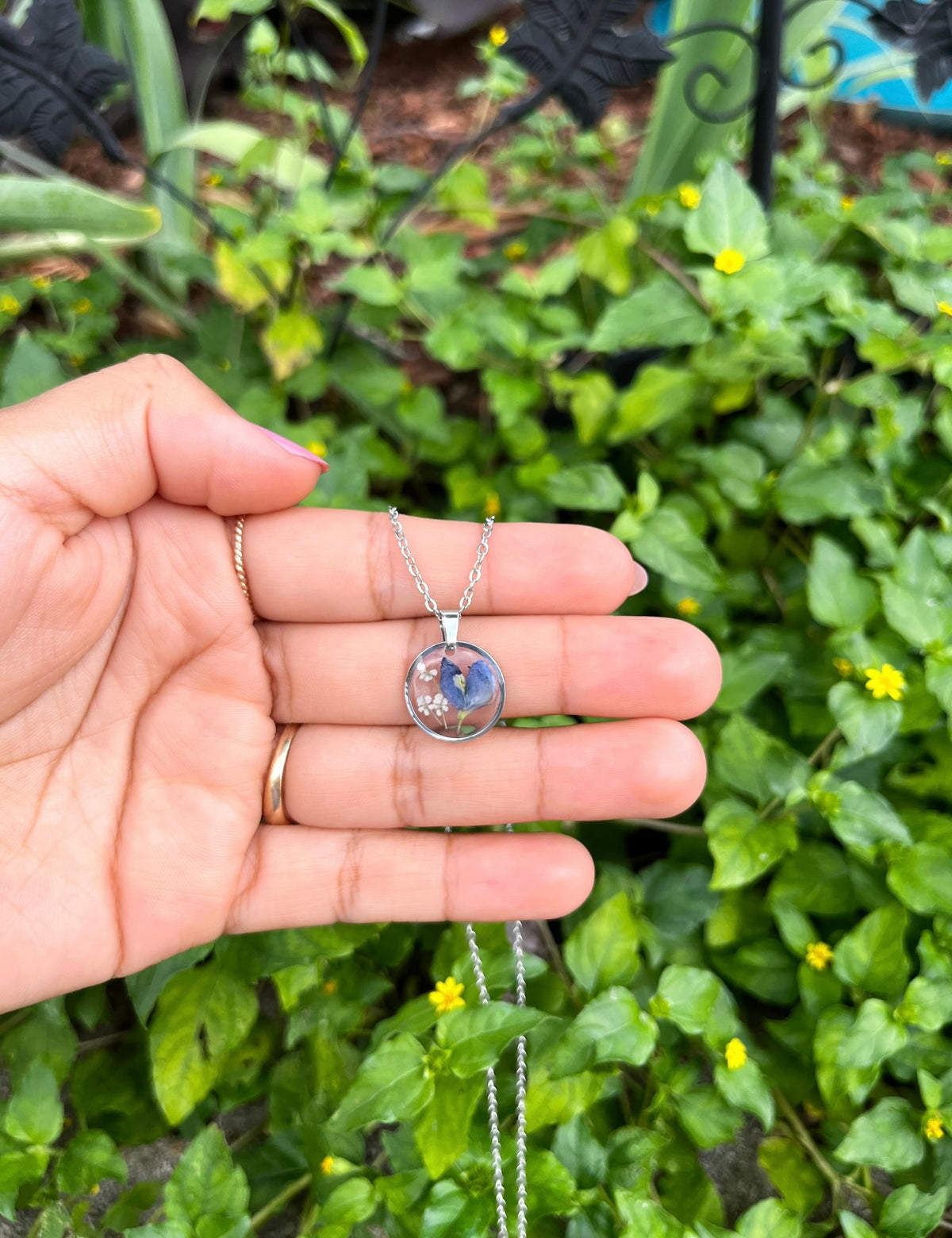 Blue Bonnet Mini Flowers Circle Necklace