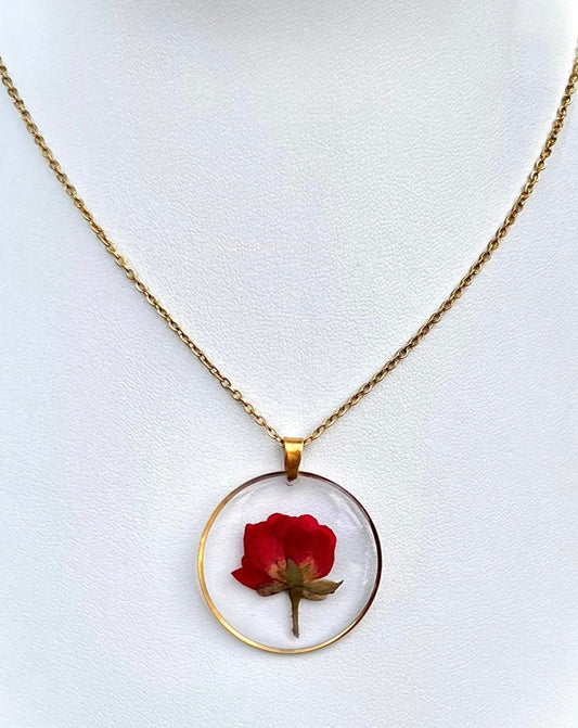 Red Rose Flower Circle Gold Necklace