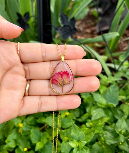 Real Red Rose Flower Gold Teardrop Necklace