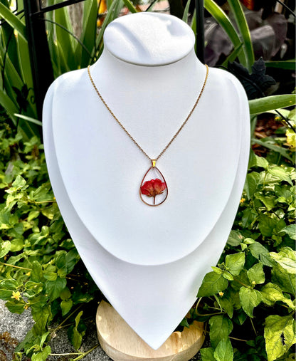 Real Red Rose Flower Gold Teardrop Necklace