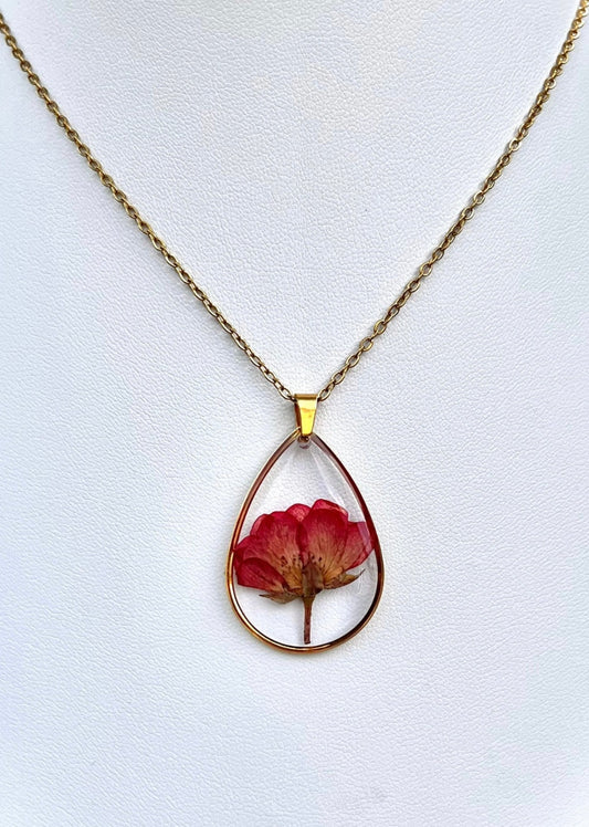 Real Red Rose Flower Gold Teardrop Necklace