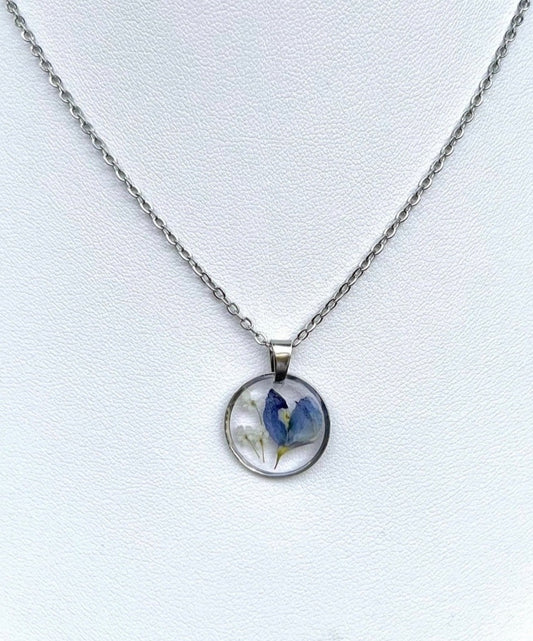 Blue Bonnet Mini Flowers Circle Necklace