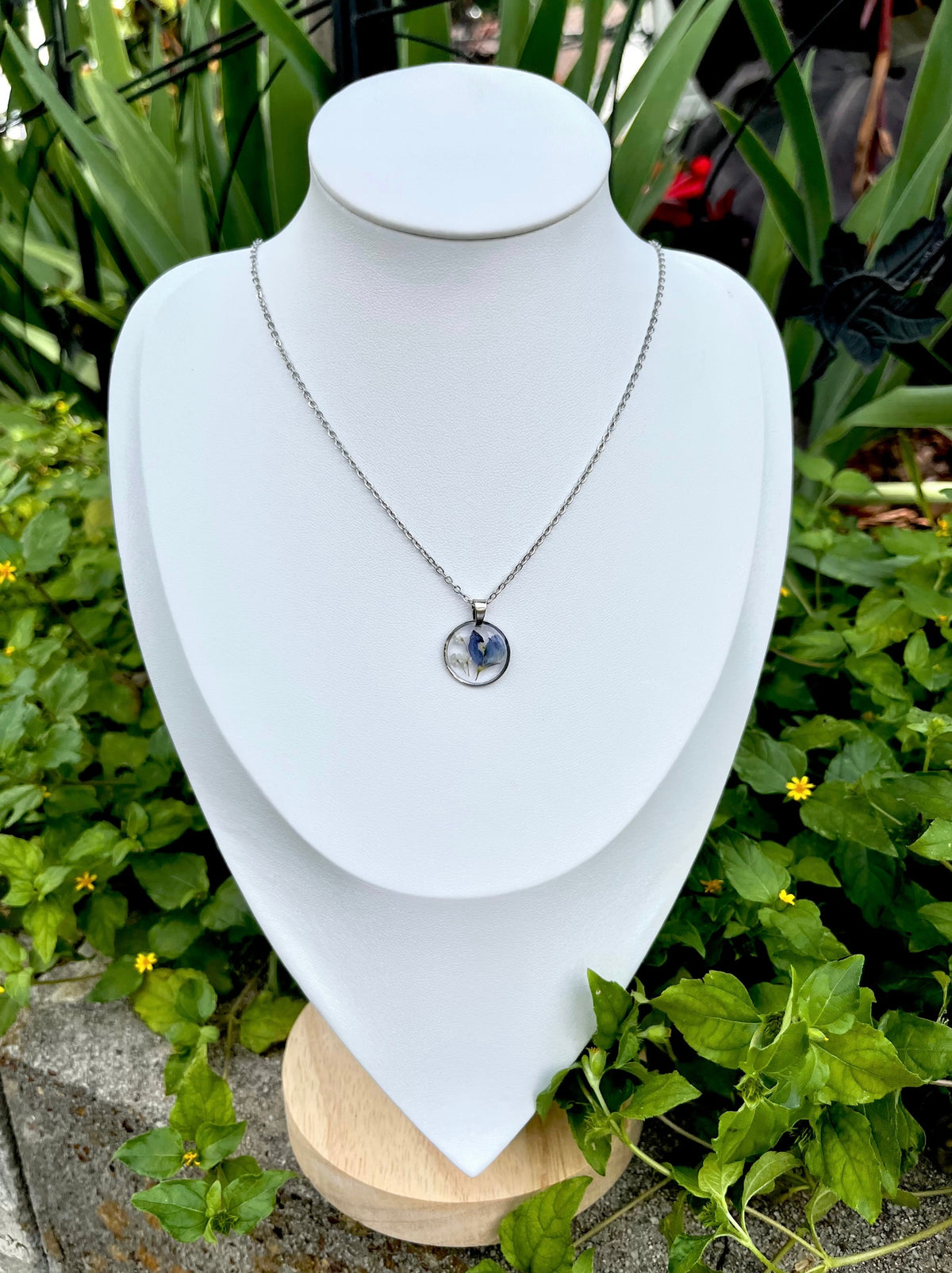Blue Bonnet Mini Flowers Circle Necklace