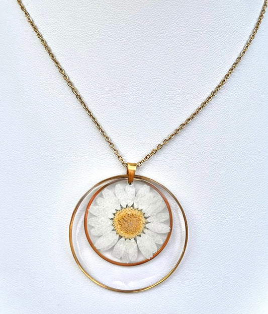 White Daisy Flower Gold Double Circle Necklace