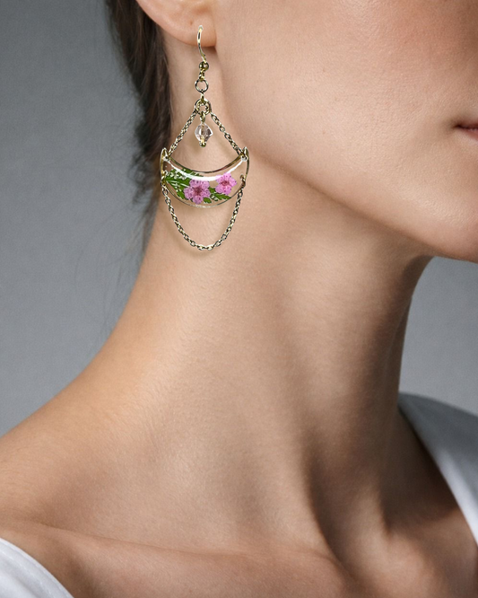 Crescent Pink Flower Dangle Earring