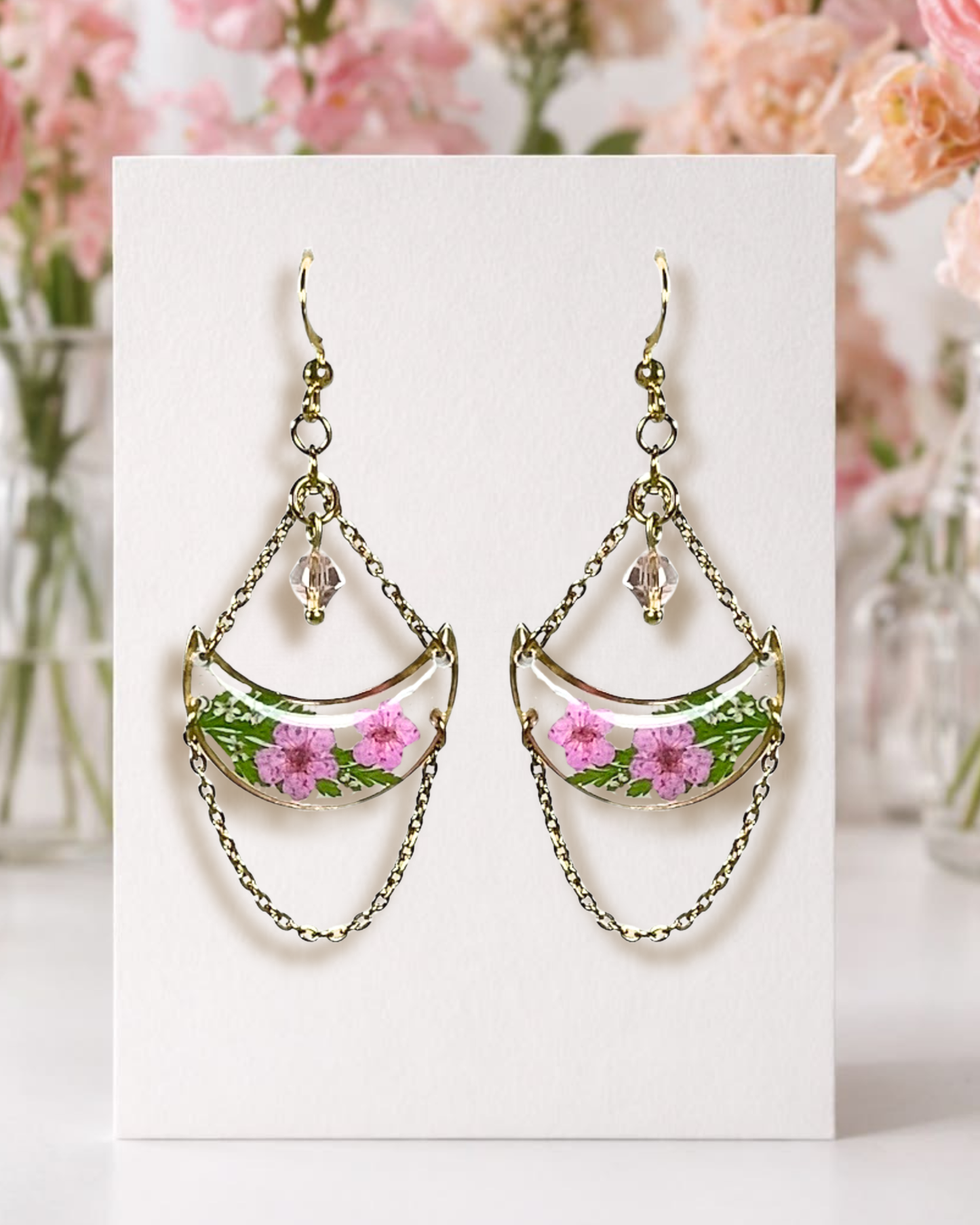 Crescent Pink Flower Dangle Earring