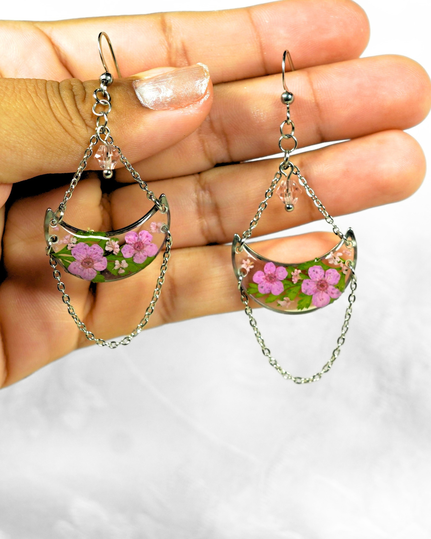 Crescent Pink Flower Dangle Earring